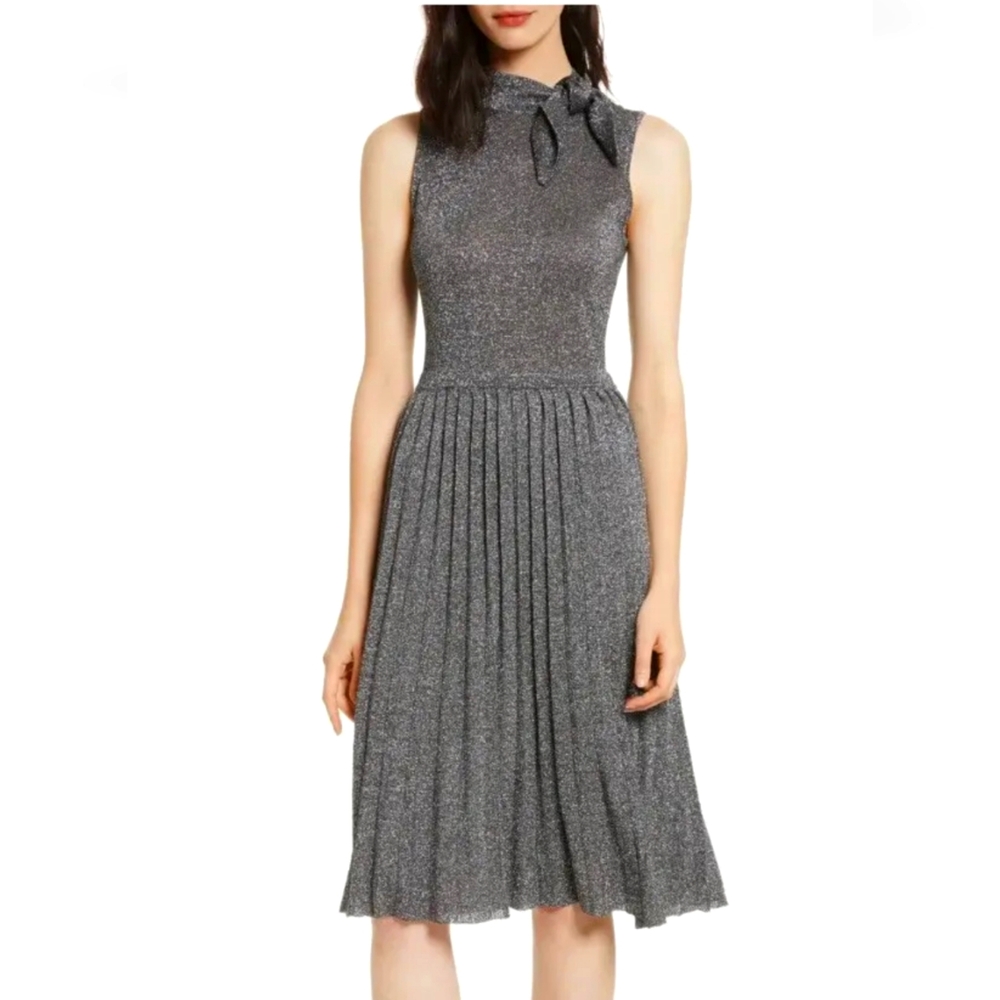 Kate Spade Black Silver Metallic Bow Knot High Neck Knit Sweater Pleated Dress